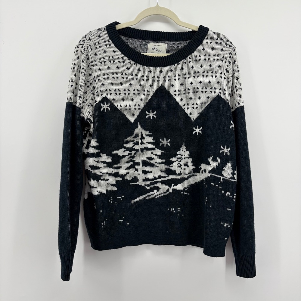 Cotton On Sweater Navy Blue Womens Large Winter Landscape Reindeer Trees‎ Cozy